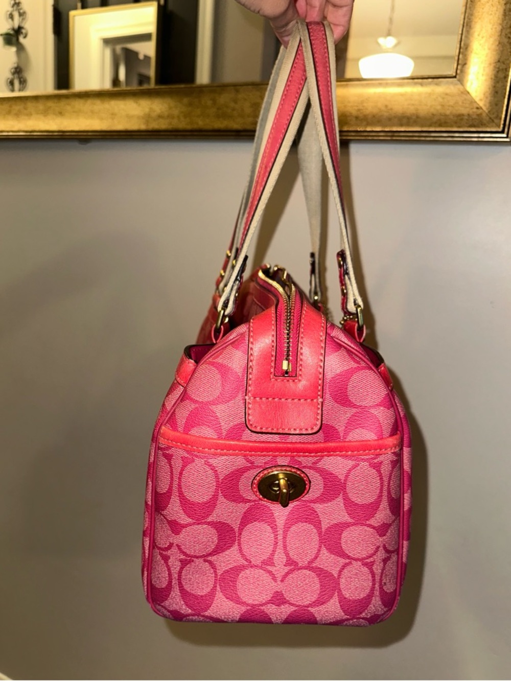Coach Pink Signature Stripe Satchel with Cream Accents - Picture 3 of 8